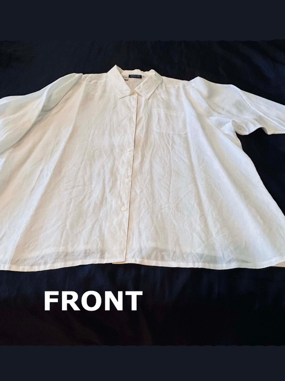 TUNIC, 100% LINEN, WHITE, SIZE 26W, SHIRT COLLAR, FRONT BUTTONS, ¾ SLEEVES, POCK